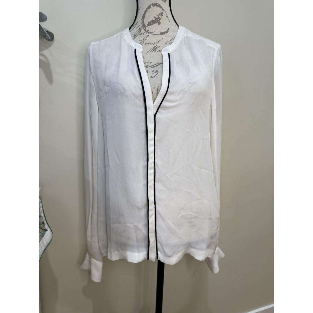 A.L.C. Cream Beige 100% Silk Button Up Blouse Black Stripe Career Sz Large